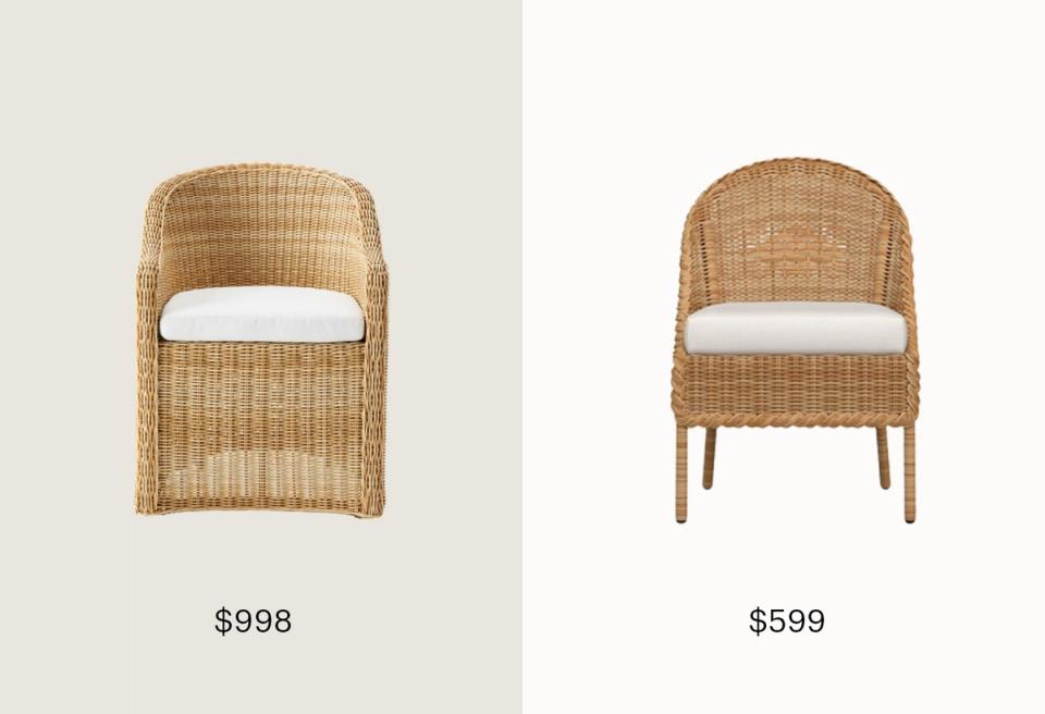 Coastal woven rattan accent chairs with white cushions and organic textures