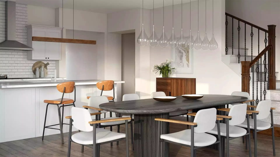 Modern dining space with black table, wood tones, and elegant linear pendant fixtures