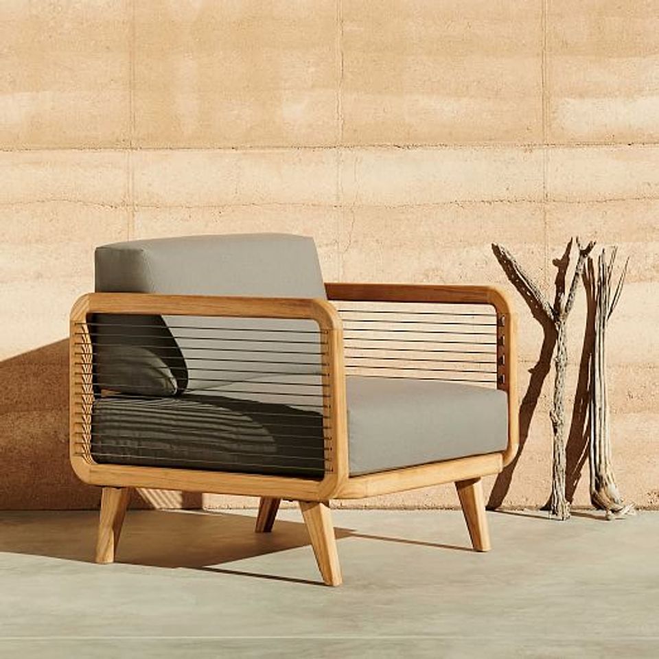 Mid-century modern patio chair, warm wood, minimalist earth-tone palette