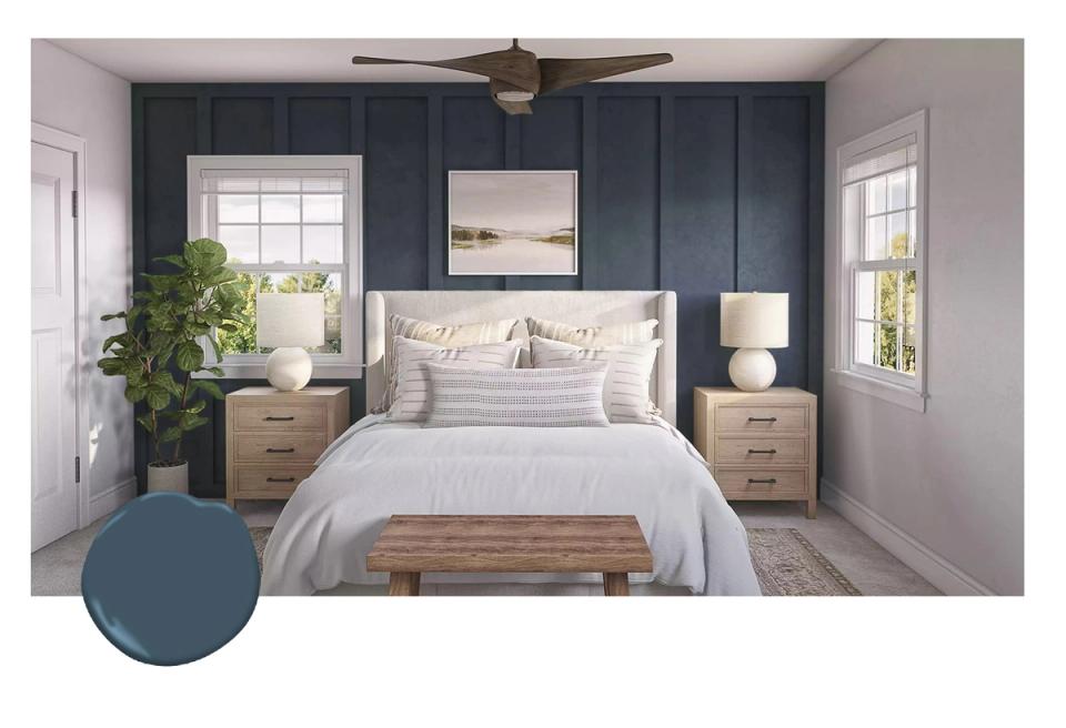 Serene coastal bedroom featuring navy shiplap walls, natural wood nightstands, and soft linens for calming, airy tranquility