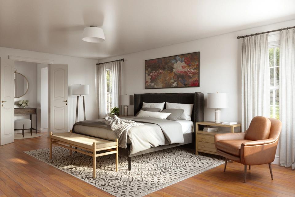Sophisticated master bedroom blends mid-century modern furniture with warm wood and neutral palette