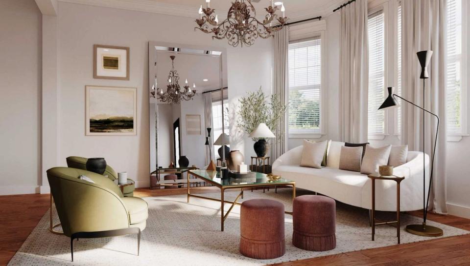 Sophisticated living room with sage green accents, neutral palette, mid-century modern furniture and natural light