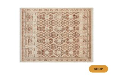 Traditional cream and taupe area rug with ornate geometric medallion pattern and border