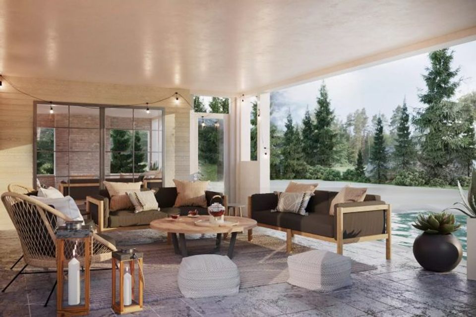Luxe covered terrace with warm wood tones, modern furnishings, and panoramic forest views creating serene elegance.
