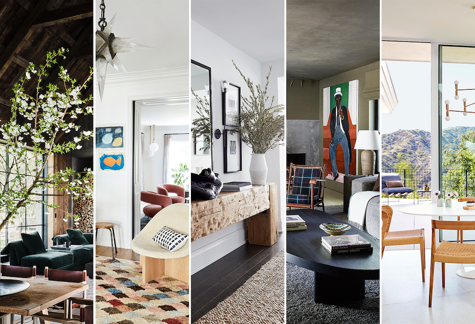 Modern eclectic home design split into five rooms featuring botanical accents, monochromatic palettes, mid-century furniture, and natural light throughout