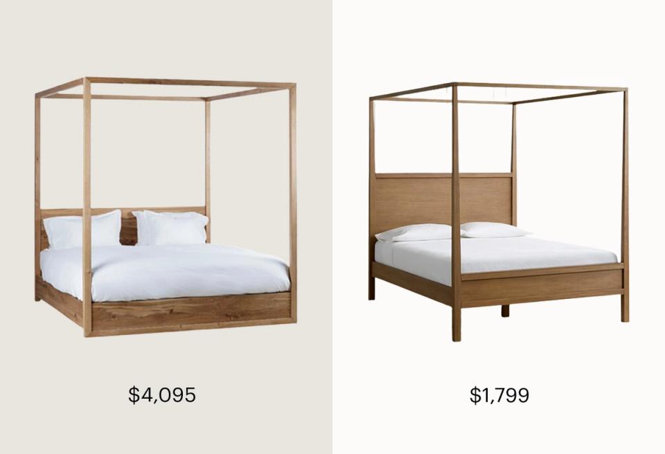 Warm wood canopy beds with minimalist frames and light bedding, displaying traditional and contemporary styles