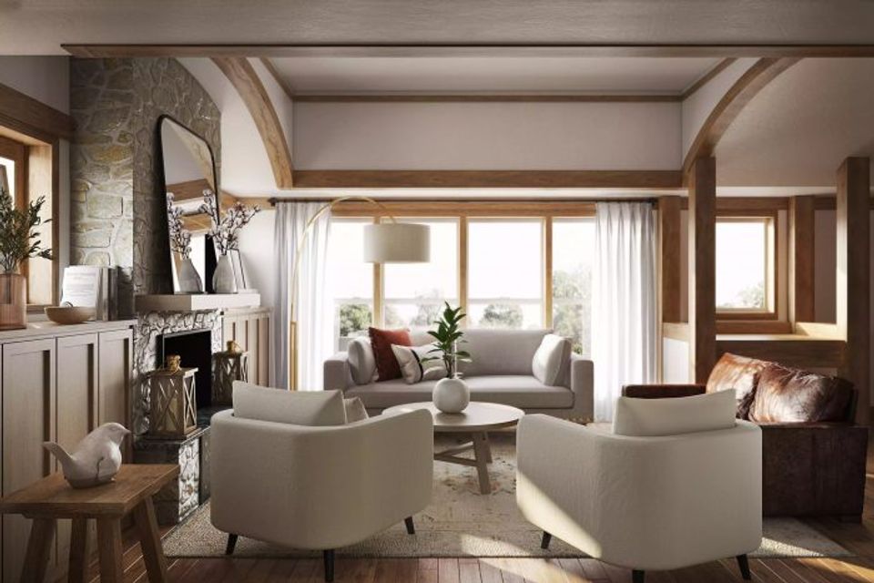 Warm transitional living room with wood beams, neutral tones, and fireplace elegance