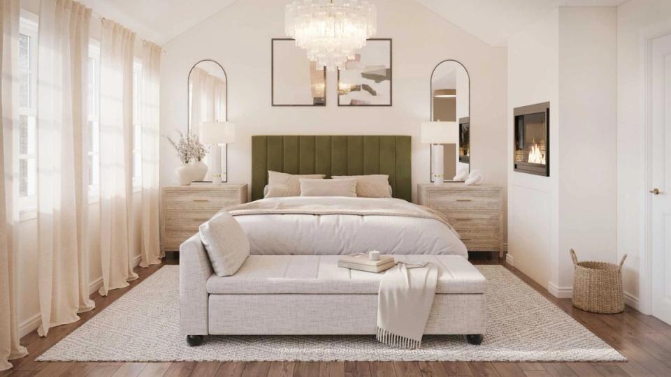 Calming bedroom with olive headboard, soft neutrals, and gentle natural lighting