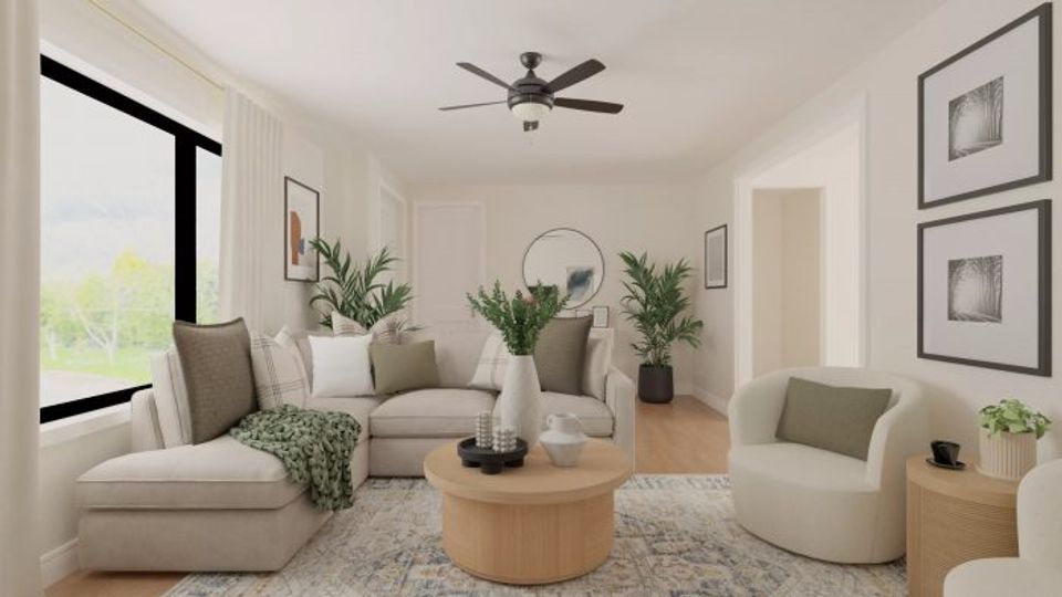 Serene neutral living room with sage green accents, natural light, and organic botanical elements creating a calm, contemporary aesthetic.