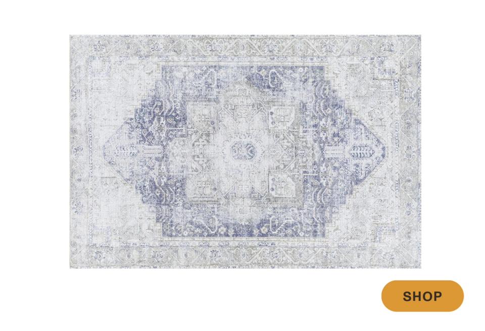 Soft distressed area rug in pale blue and ivory with faded ornamental center design