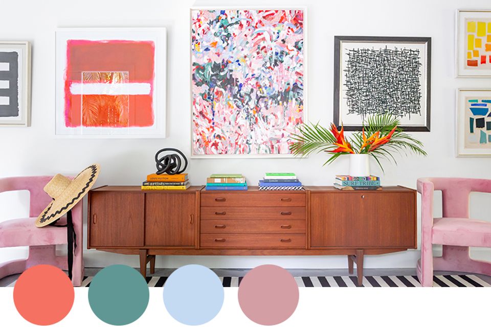 Mid-century modern space with coral, teal, and blush tones