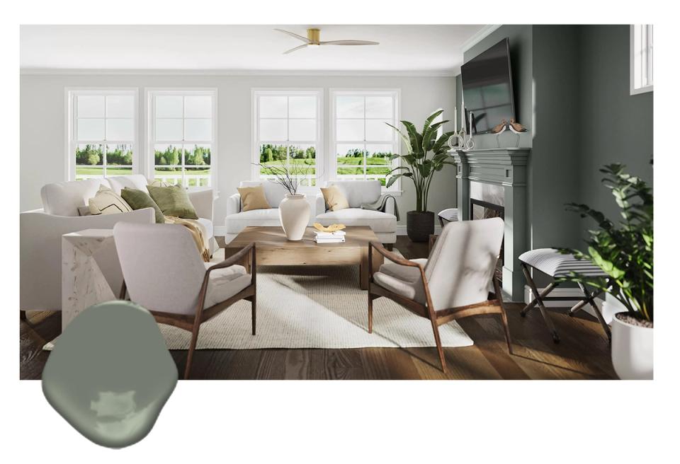 Bright living room with sage green accent wall, natural wood furniture, and abundant windows balancing cozy warmth with airy elegance.