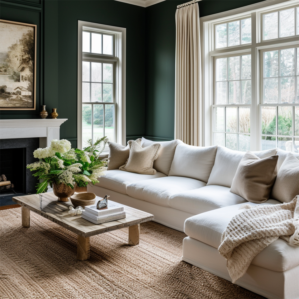 Deep green living room with cream sectional, natural wood table, and fireplace