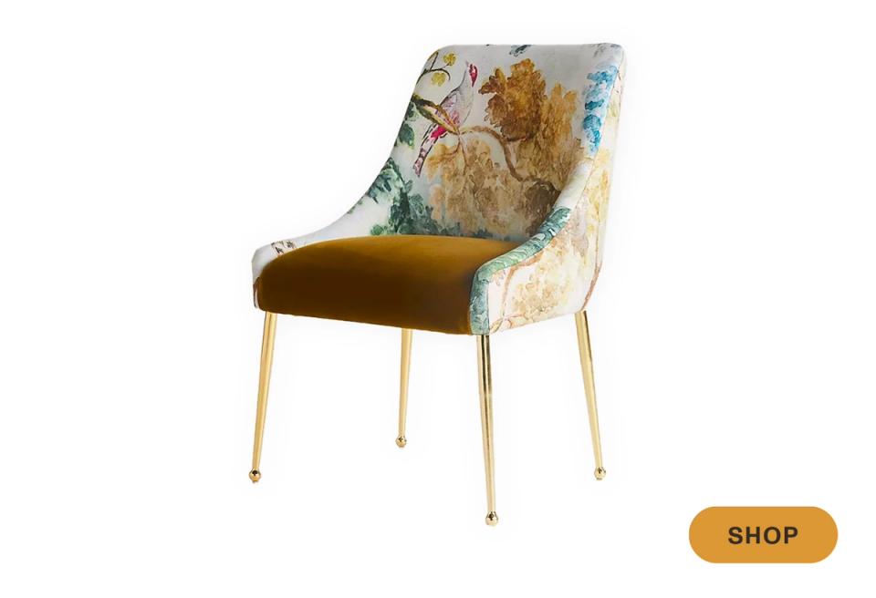 Mid-century chair with vintage floral tapestry and mustard velvet seat
