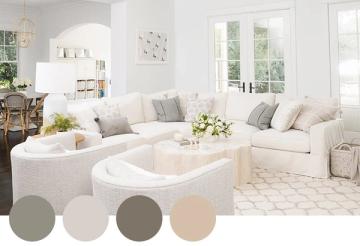 Soft contemporary living room in neutral grays, creams, and beiges with curved seating and airy minimalist aesthetic