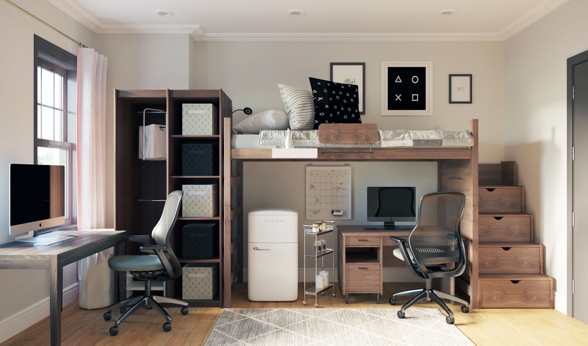 Modern loft dorm with dual workstations, warm wood storage, neutral palette, and efficient vertical space planning