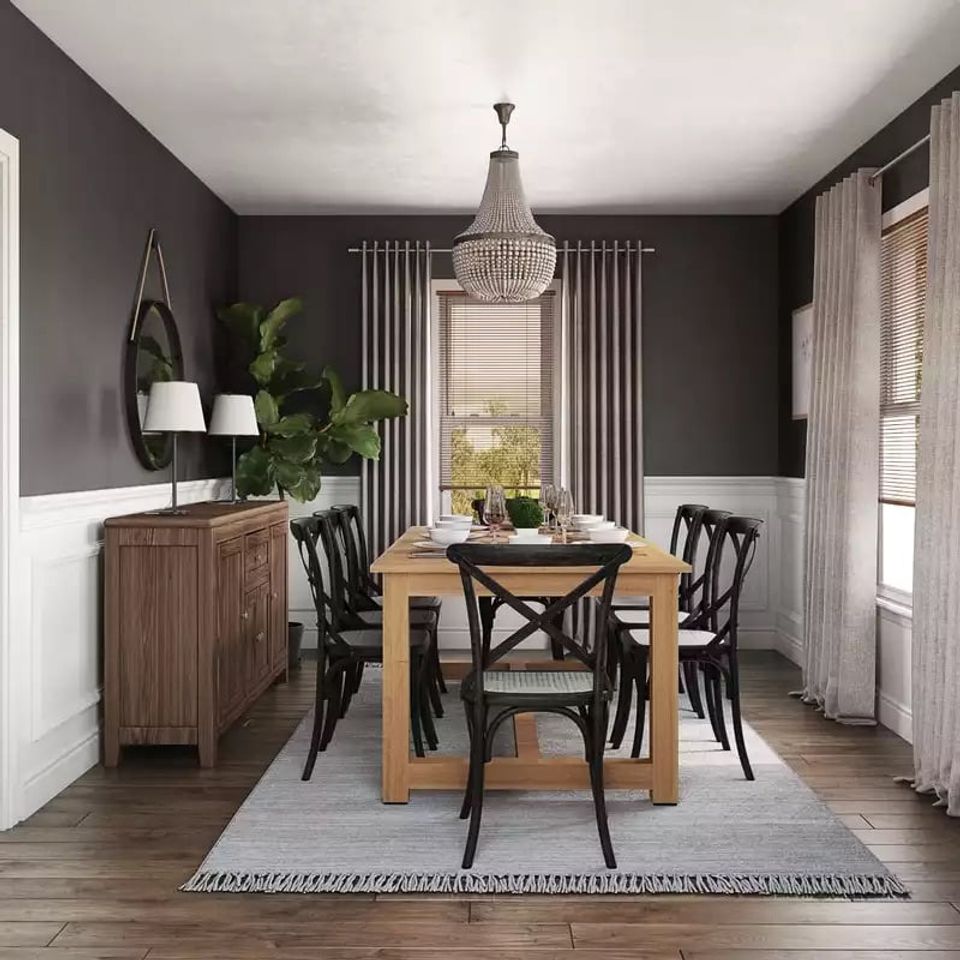 Elegant dining room with charcoal walls, white wainscoting, natural wood table, and striped curtains