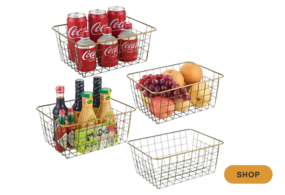 Stackable wire storage baskets in rose gold for organized pantry and kitchen