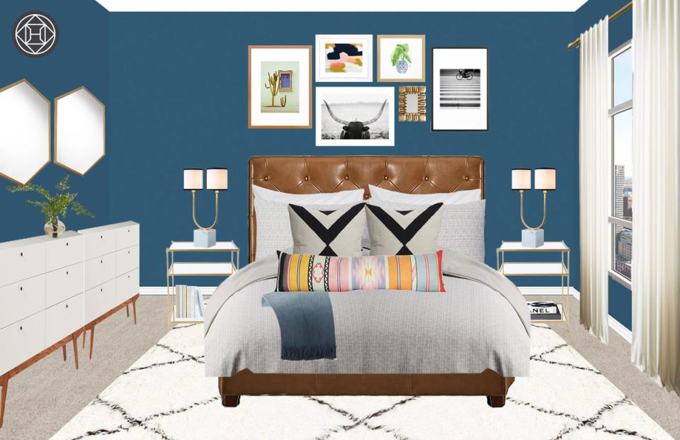 Contemporary bedroom with teal walls, mid-century bed frame, and geometric area rug