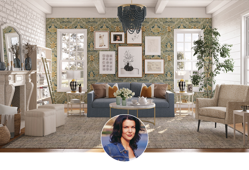 Eclectic living room with botanical wallpaper, gallery wall, and warm neutral furnishings