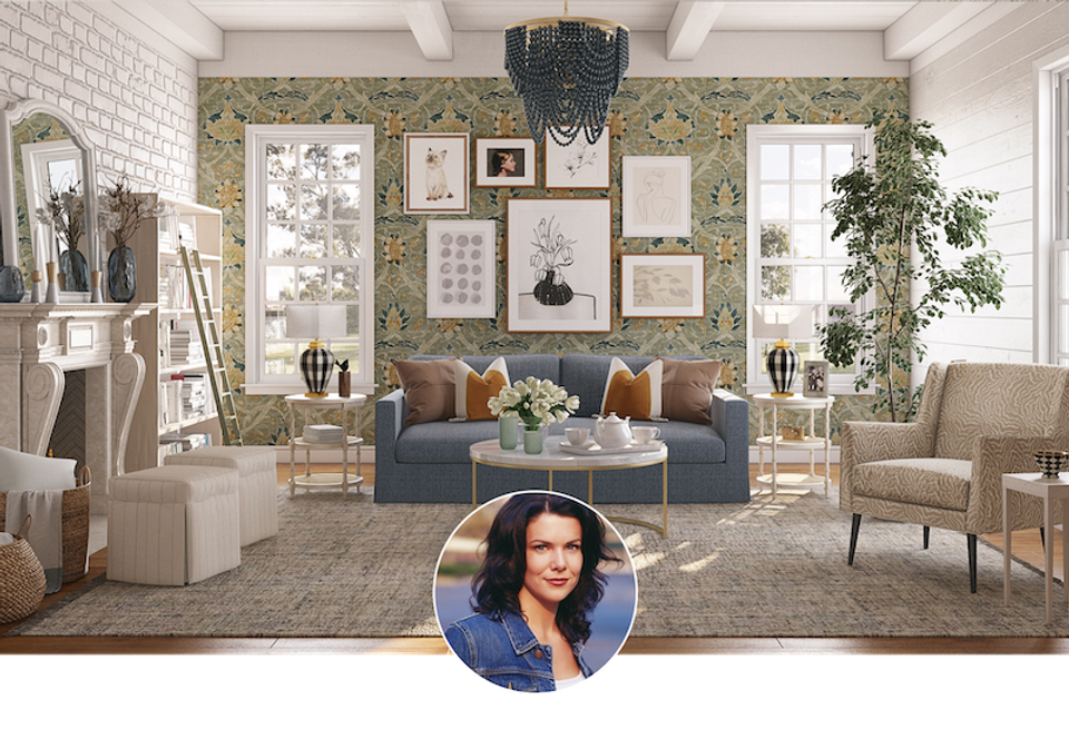 Eclectic living room with botanical wallpaper, gallery wall, and warm neutral furnishings