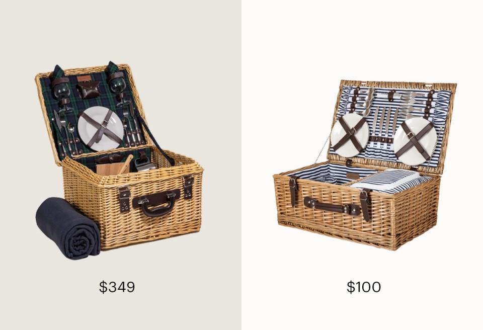 Woven wicker picnic baskets with navy plaid lining; rustic farmhouse style in natural rattan finishes