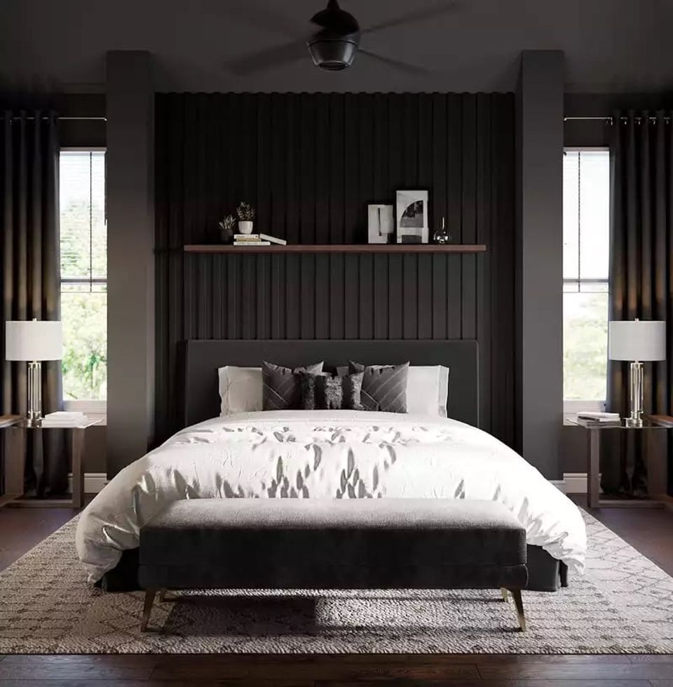 Contemporary bedroom with black vertical shiplap accent wall, floating shelf, linen bedding, and ambient lighting creating moody, luxurious sanctuary
