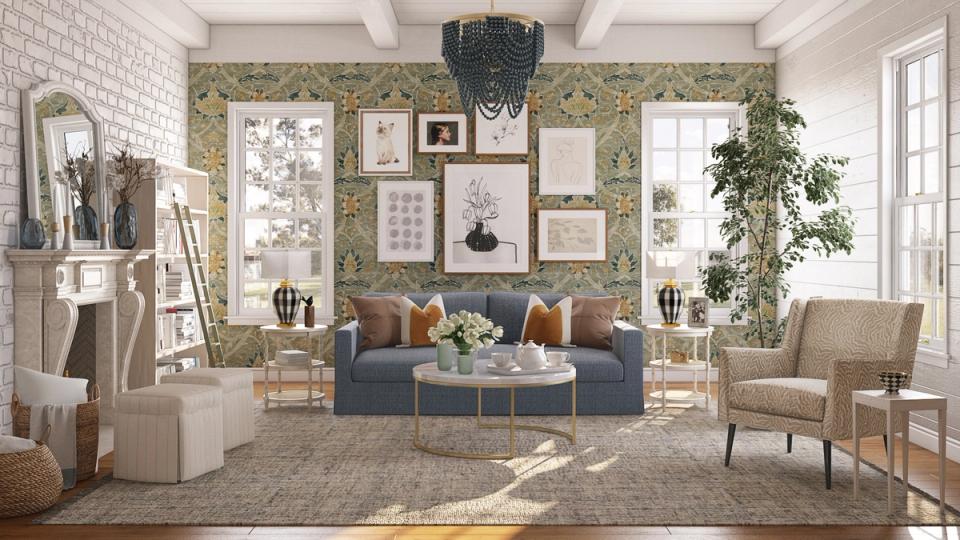 Eclectic living room with botanical wallpaper, gallery wall, and warm neutral furnishings