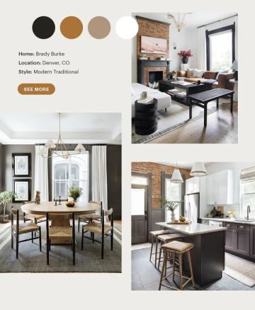 Modern traditional home blending dark charcoal, warm caramel, and crisp white with exposed brick and classic lines