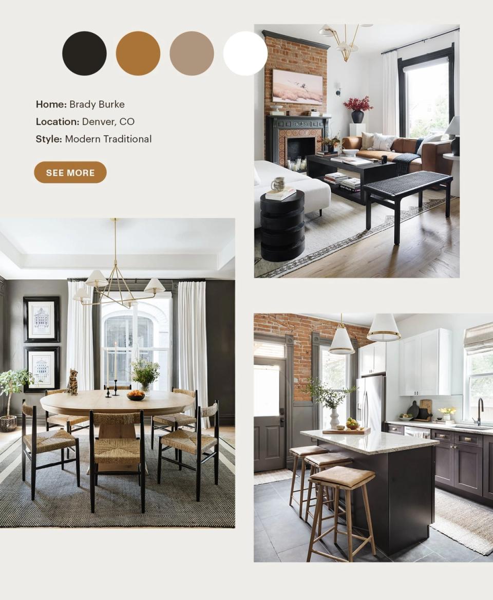 Modern traditional home blending dark charcoal, warm caramel, and crisp white with exposed brick and classic lines