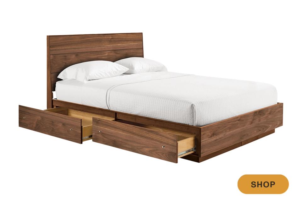 Rustic wood storage bed with dual drawers in warm medium-brown tones