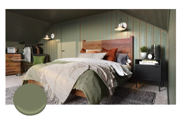 Warm mid-century bedroom blending sage and forest green walls with wooden headboard, layered bedding, and cozy cabin-inspired ambiance