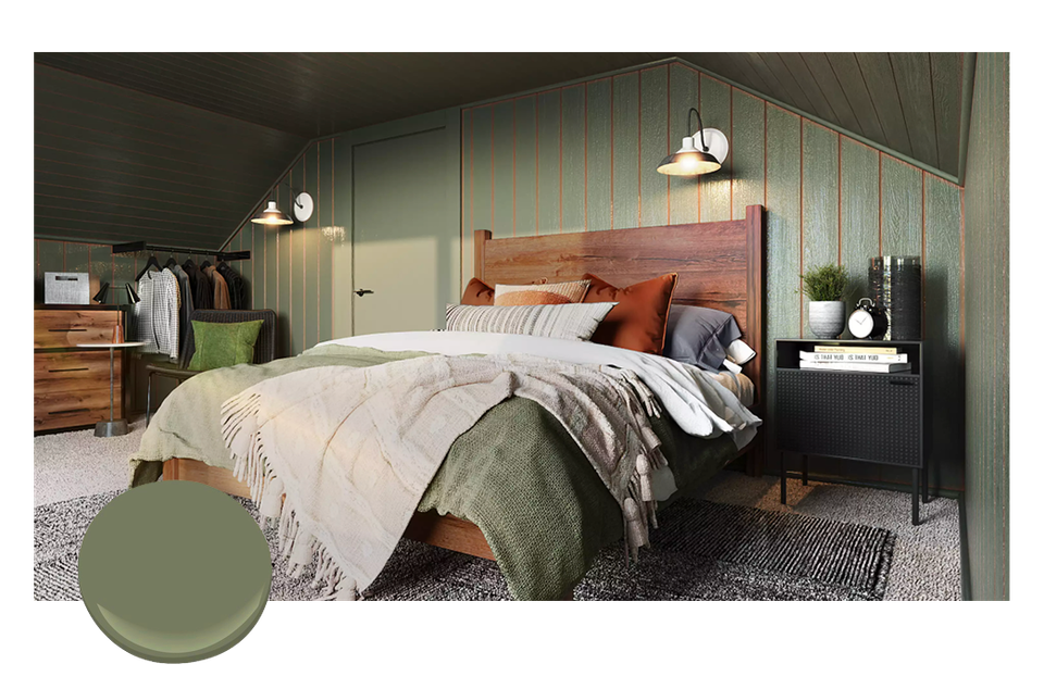 Warm mid-century bedroom blending sage and forest green walls with wooden headboard, layered bedding, and cozy cabin-inspired ambiance