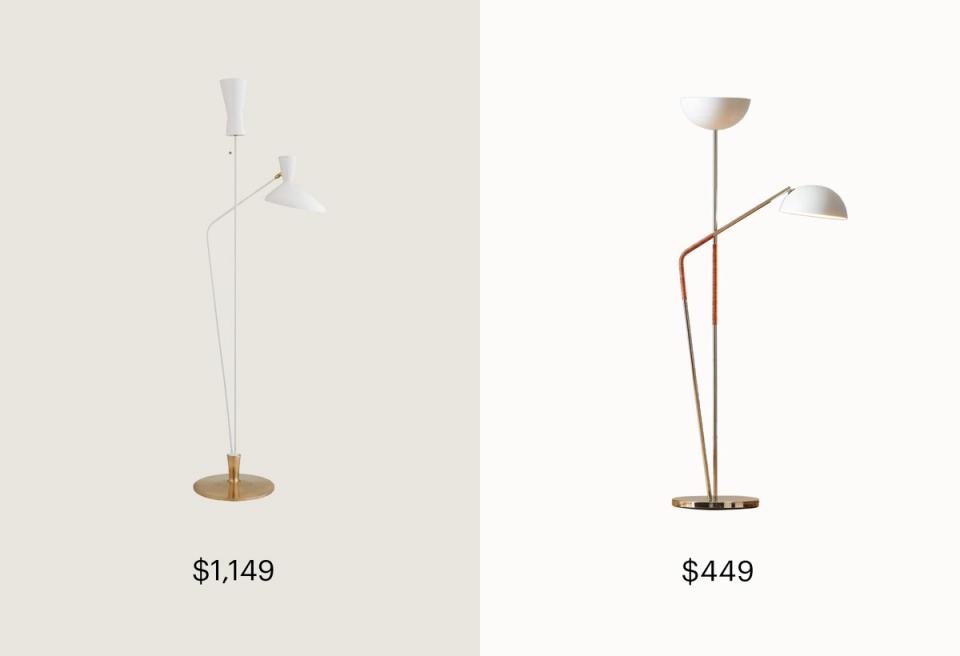 Mid-century arc floor lamps with metal shades and brass accents, contrasting statement lighting options