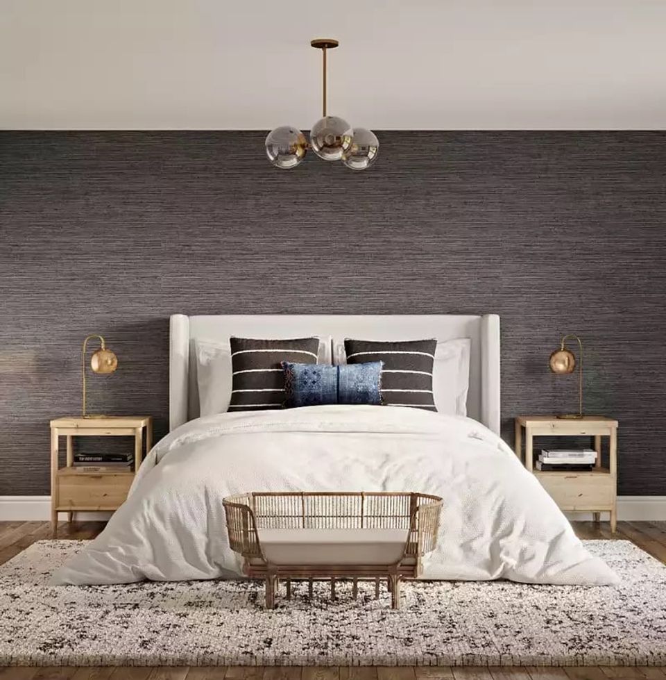 Modern bedroom with dark textured accent wall, white upholstered headboard, and warm brass pendant lighting creating serene sophistication