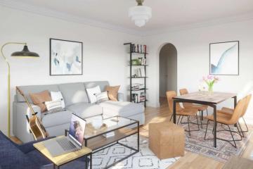 Scandinavian studio with light wood furnishings, soft blue accents, airy minimalist feel