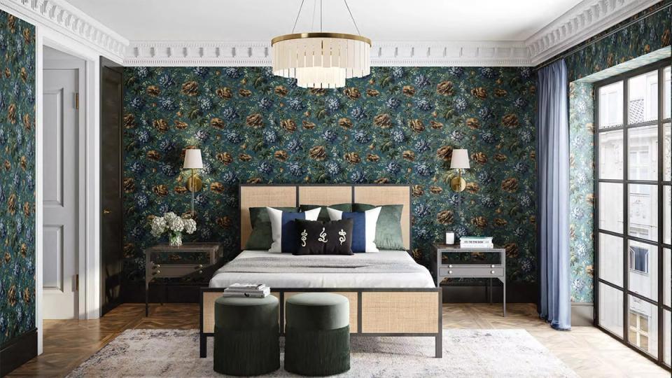 Eclectic bedroom with teal botanical wallpaper, natural wood bed, and forest green ottomans for rich depth