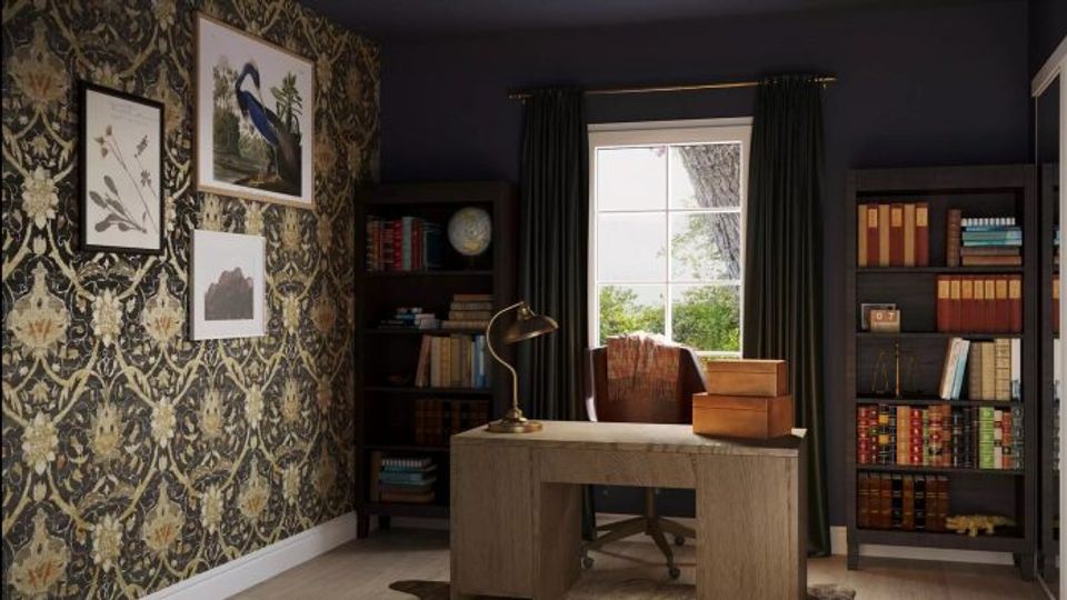 Moody home office with black walls, ornate damask wallpaper accent, warm wood desk, and rich jewel-tone styling