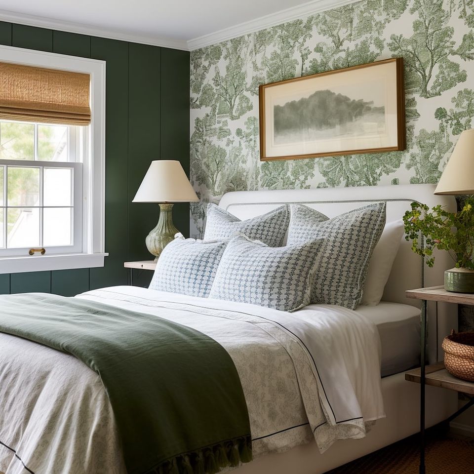 Restful bedroom blending forest green walls, botanical wallpaper, cream bedding, and natural wood for peaceful, nature-connected ambiance.