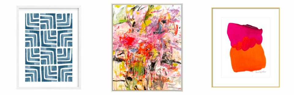 Three bold artworks: geometric pattern, floral expressionist, and vibrant color block