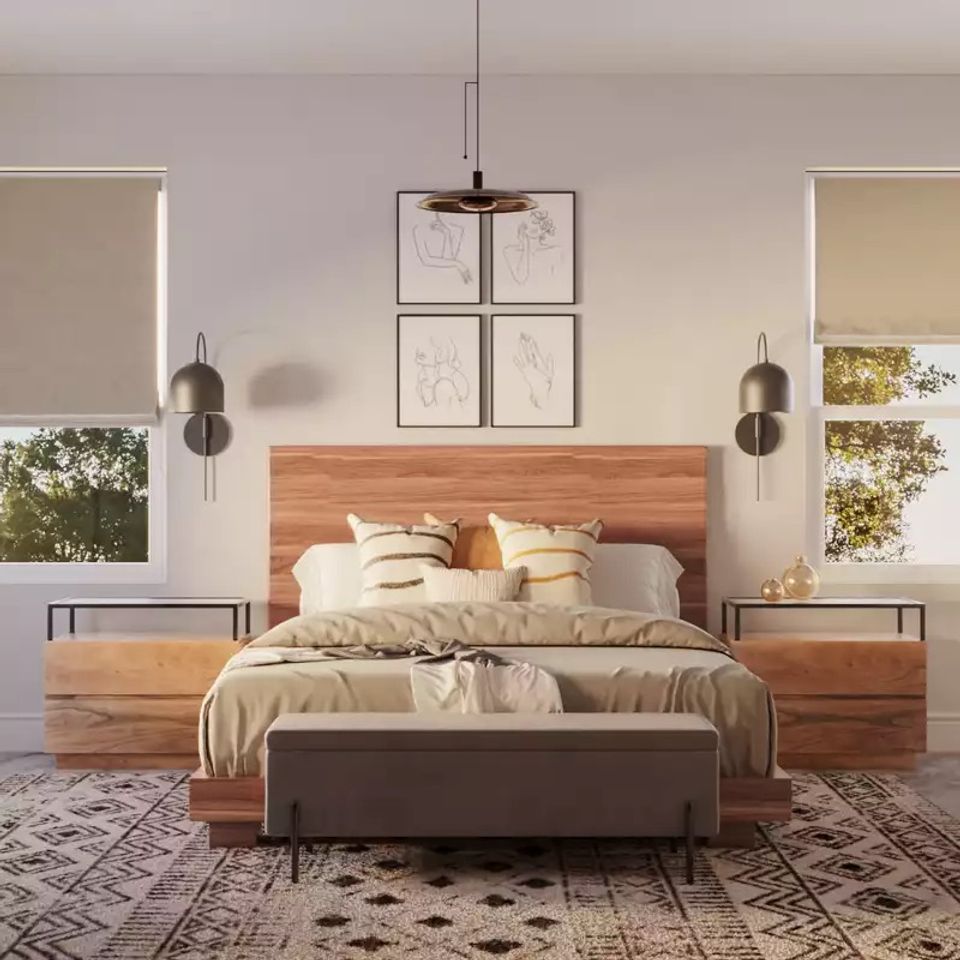 Mid-century modern bedroom with warm white walls, warm wood headboard, and brass pendant lights in a serene palette.