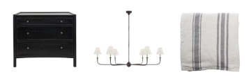 Coastal style furnishings: black dresser, metal chandelier, and blue striped linen textiles