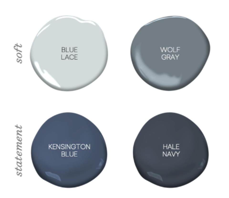 Benjamin Moore paint color palette: soft blue lace, sophisticated wolf gray, deep kensington blue, and dark hale navy swatches