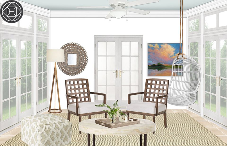 Serene sunroom rendering with mid-century modern seating, pendant lights, neutral palette, abundant windows