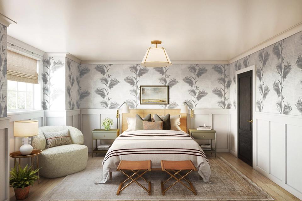 Serene bedroom combining vintage brass bed frame with botanical wallpaper, soft greige palette, and refined cottage charm