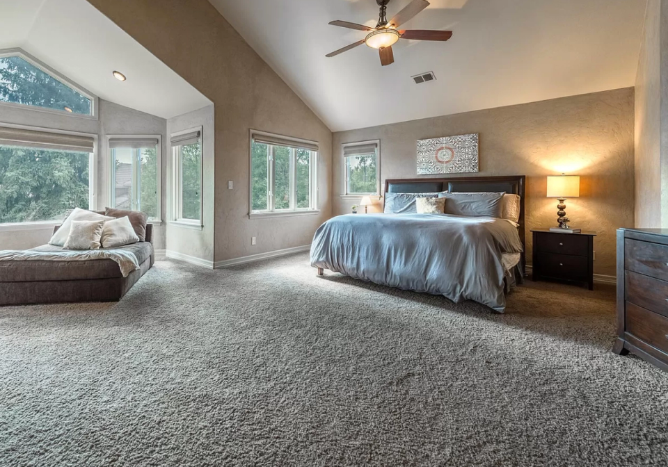 Spa-like master bedroom with warm taupe walls, blue bedding, large windows, and plush gray carpet