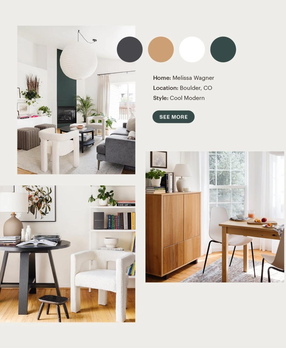 Cool modern aesthetic mixing charcoal, natural wood tones, and cream with minimalist furnishings and greenery