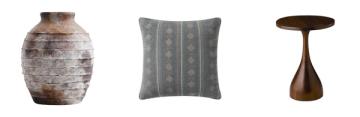 Southwestern home accessories: textured pottery, geometric pillow, and wooden accent table