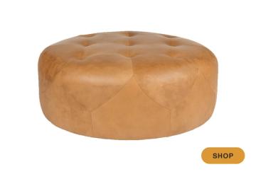 Contemporary cognac leather round ottoman with quilted diamond pattern detailing