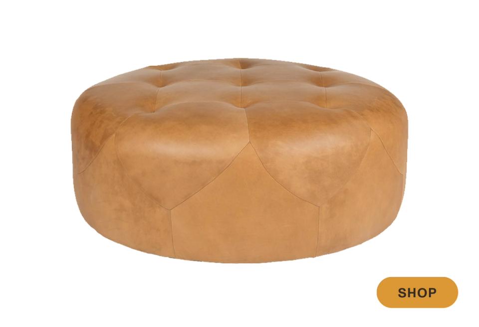 Contemporary cognac leather round ottoman with quilted diamond pattern detailing